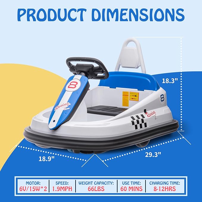 Hetoy Bumper Car for Toddlers, 6V Electric Ride On Toys for Kids, 1.9 MPH Max Speed, Steering Wheel, 360 Degree Spin, 2-Speeds, Lights, Music & Horn, Birthday Gift for Boys Girls 2-6 Years Old, White