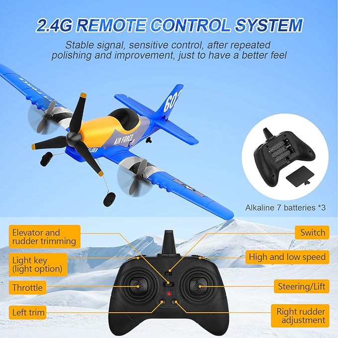 RC Plane 3-Channel 2.4GHZ RC Airplane, P51D Mustang Fighter with 2 Batteries, KF602 Remote Control Plane Gyroscopes Stabilization System Easy to Fly Suitable for Beginners, Kids, Adults
