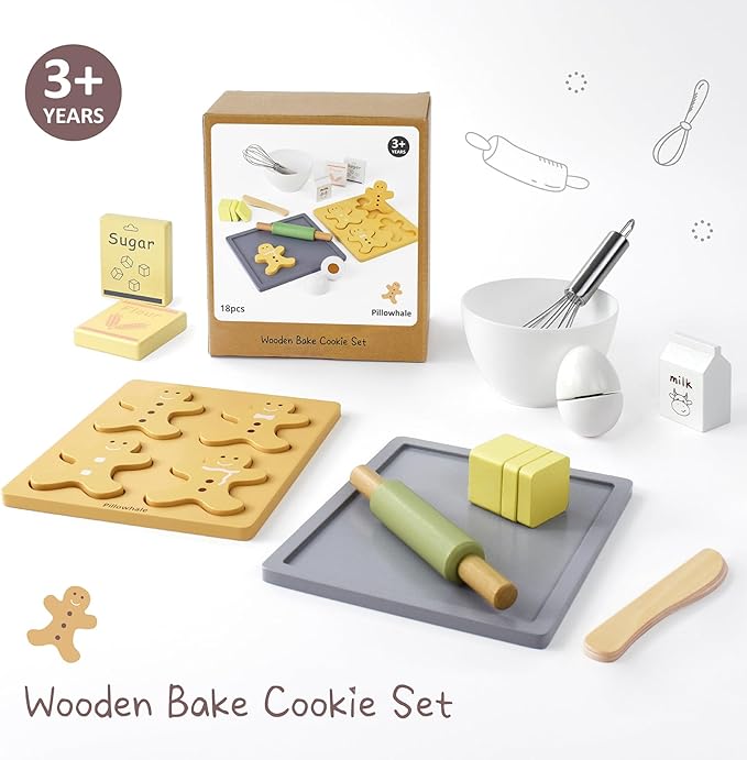 Wooden Toy Biscuits Baking Set,Pretend Play Food Sets for Kids Kitchen,Wooden Gingerbread Cookies Play Food Set,Play Kitchen Accessories for Toddlers Boys Girls Ages 3+