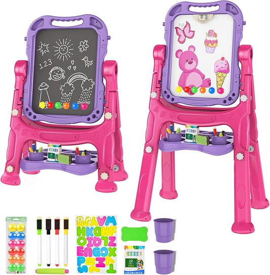 Amagoing Easel for Kids, Adjustable Standing Art Easel for Toddler, Double Drawing Board with Painting Accessories, Birthday Christmas Gift for Little Boys and Girls, Middle Size Purple