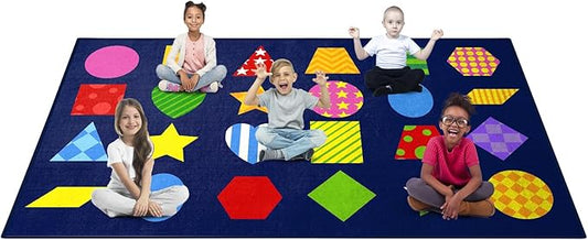 Classroom Rug Kids Carpet Blue 24 Seating Rug Elementary School Daycare Nursery Shape Education Classroom Rug Suitable for Calm and Colorful Classroom Decor, 7.5 x 13 ft