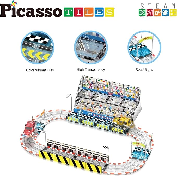 PicassoTiles Magnet Tile Race Car Track Construction Toy Blocks with 2 Trucks Accessory Street Sign Add-on Kit Magnetic Building Tiles Stadium Seat Playset STEAM Fine Motor Learning Kids Age 3+ PTQ05