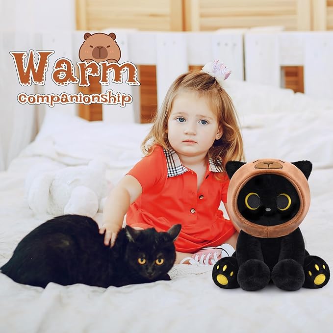 Capybara Cat Stuffed Animal, 8inch Black Cat Plush Wear Capybara Hat, Anime Kitten Plushies Kawaii Huggable Gift for Kids Boys Girls,Girlfriends Christmas, Birthday Gifts