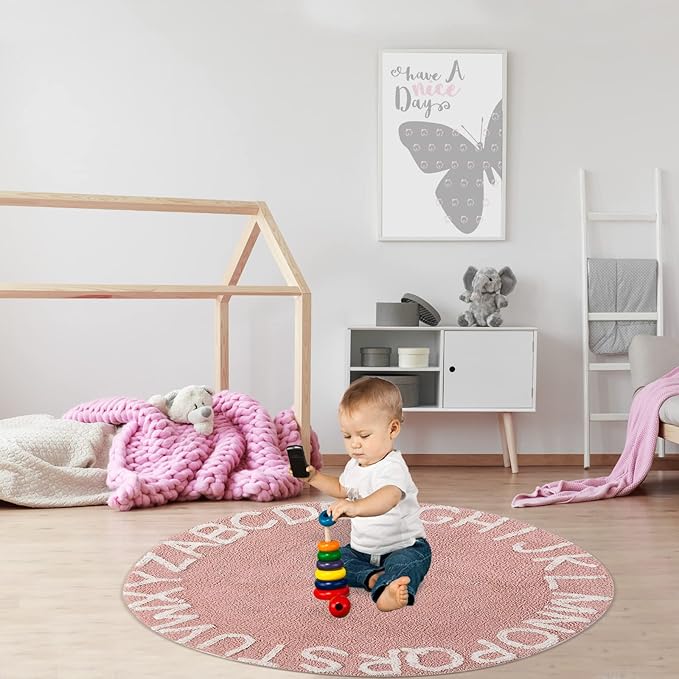 ABC Kids Rug Alphabet Educational Area Rugs for Infant Toddlers - Baby Play & Sleeping Plush Mat, Hand Woven Alphabet Carpet for Home Decor Teepee Tent (Round, 47", Pink White)