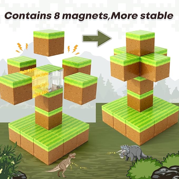Magnetic Blocks-Build Mine Magnet World Grass Edition, Magnetic Toys for Boys & Girls Age 3-4 4-5 6-8, STEM Montessori Sensory Toys for Toddlers Gifts for 3+ Years Old Girls Boys