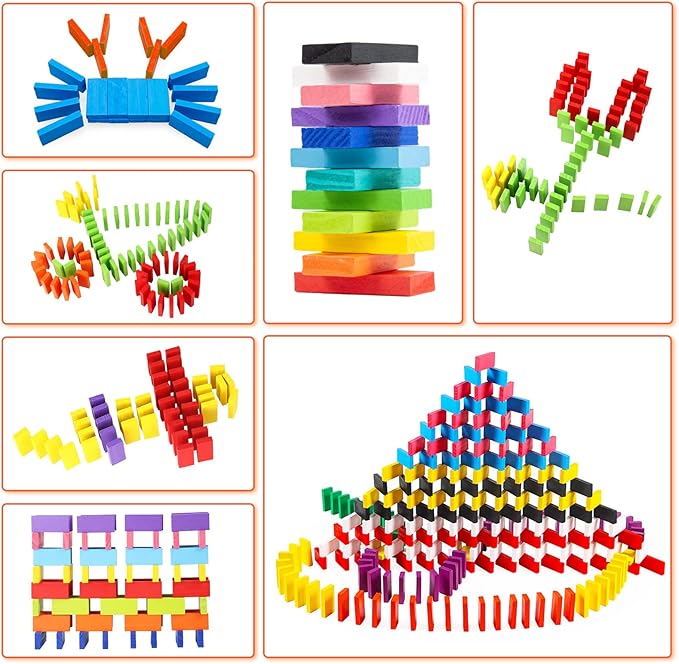 WOOD CITY 1000 Piece Dominoes Set for Kids with Extra 20 Blocks, Colorful Dominos Tiles for Building, Stacking, Racing, Tumbling, Wood Domino with Storage Bag and Box, Educational Toy