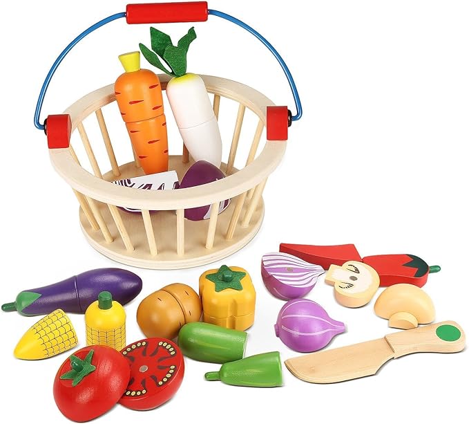 Victostar Magnetic Wooden Cutting Fruits Vegetables Food Play Toy Set with Basket for Kids