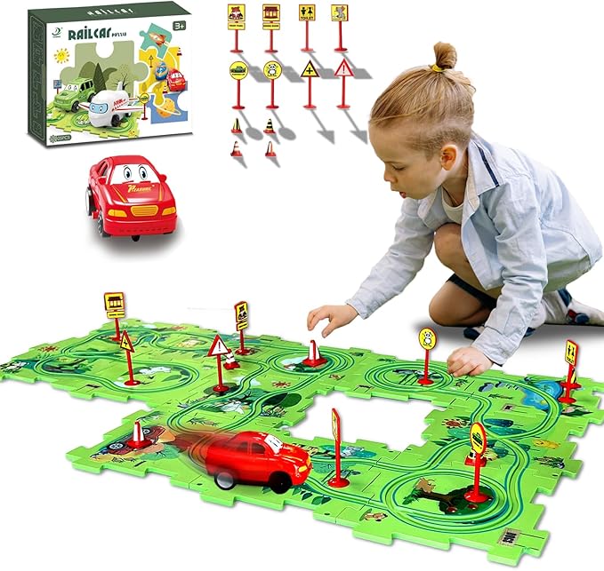 4 Year Old Boy Birthday Gift, Puzzle Racer Kids Car Track Set Puzzle Racer Car Track Set with Roadmap Puzzle Track Car Play Set Toys for 4 Year Old Boys (A-Land, Set1-25pcs)