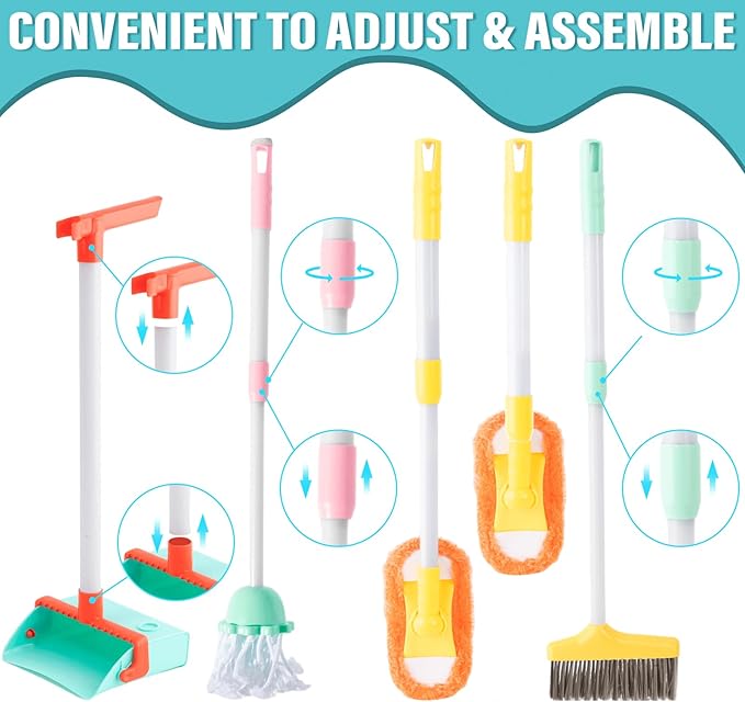 14PCS Toddler Kids Cleaning Toy Set, Kids Adjustable Mop Broom & Dustpan Set, House Cleaning Tool Toys for Toddlers 1-3,Montessori Learning Pretend Play Gift for Girl Boy 1-3-5 Year Old Clean Toy