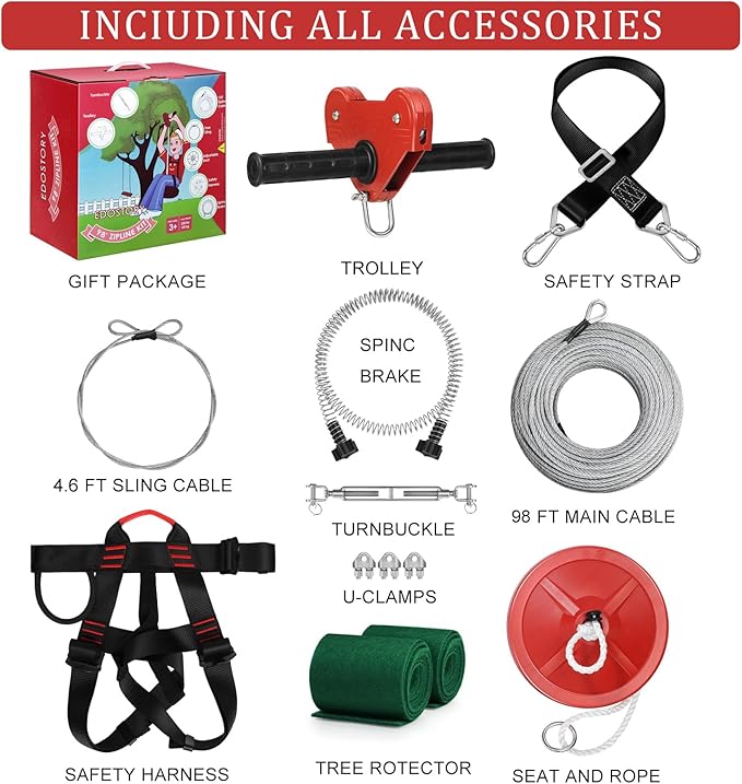 EDOSTORY 98 Feet Backyard Zip Line Kit for Kids and Adult Up Outdoor to 330lb with Stainless Steel Ziplines Spring Brake and Safety Harness, Christmas and Birthday Gifts for Kids(Red)