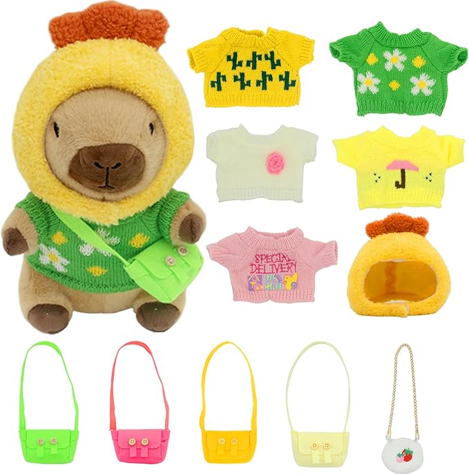 Capybara Plush with 12 Pcs Clothes & Accessories,11 in Cute Capybara Stuffed Animal Plush Toys Dress Up Cute Plushies for Girls