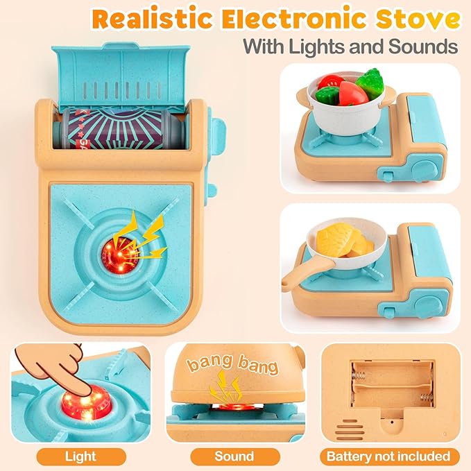 Kids Play Kitchen Accessories, 44PCS Toddler Pretend Play Cooking Playset with Cookware Pots, Pans, Cooking Utensils, Gas Stove with Sound & Light, Cuttable Toy Food Sets, Learning Gift for Girls Boys