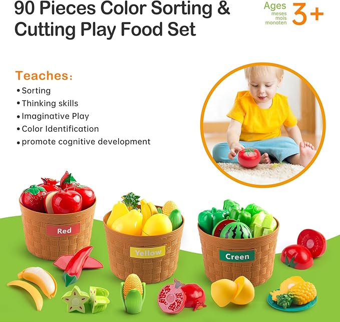 90Pcs Kitchen Playset Accessories, Pretend Cooking with Pots, Pans, Cookware, Food, Fruit, Veges, Color Sorting Baskets, Prop Money, Learning Gift for Girls Boys Toddlers (White)