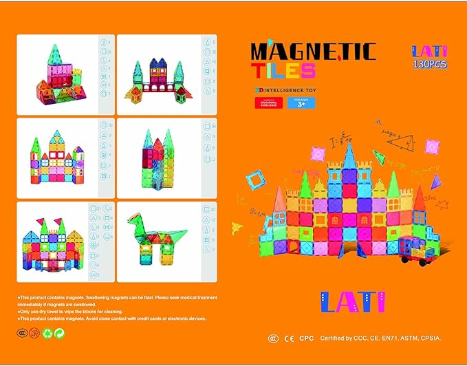 LATI 130 pcs Magnetic Tiles, Magnet Building Blocks for Kids STEM Construction Set Clear Imagination Inspirational Educational Toddler Boys Girls Kids Toys for 3 4 5 6 7 8 Years with 2 Cars
