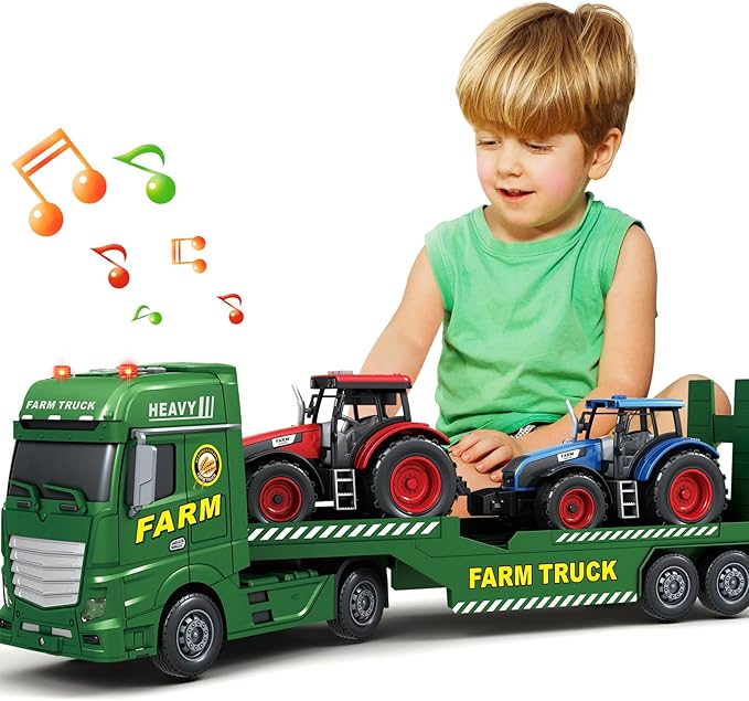 SpringFlower Toddler Boy Truck Toys, 25" Large Farm Vehicles with Tractors, 3 in 1 Farm Truck Boy Toy, Christmas & Birthday Gifts for Kids 3-6 Years Old