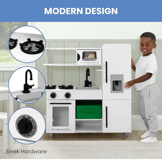 Delta Children Deluxe Modern Kitchen - Toy Kitchen Playset with Realistic Knobs That Turn/Click, Oven, Sink and Fridge/Freezer with Ice Maker, White