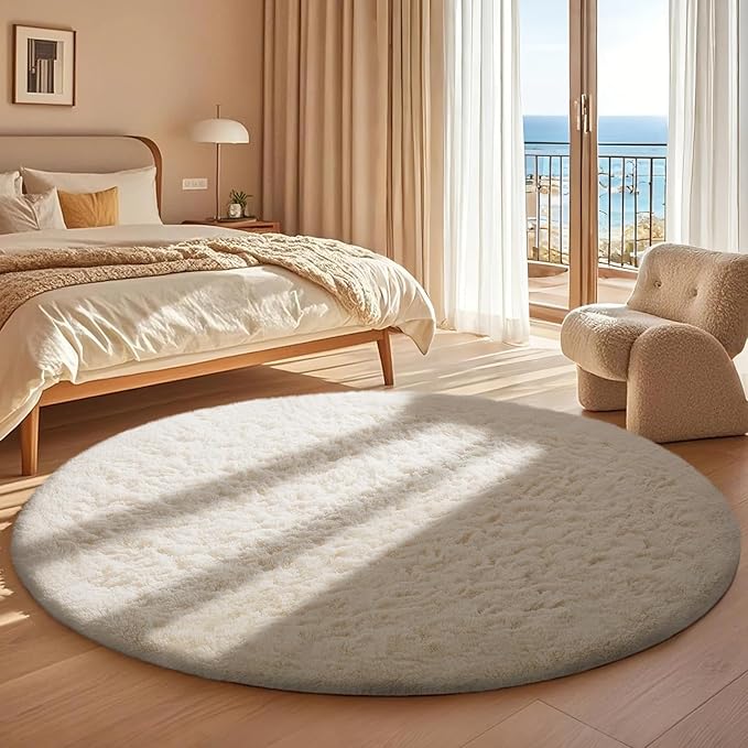 Ophanie Round Rugs 5Ft Ivory Circle Area Rug, Aesthetic Room Decor, Fluffy Fuzzy Bedroom Carpet, Plush Soft Shaggy Cream Living Room Rugs for Kids Home Decor, Nursery
