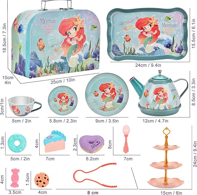 Mermaid Tea Party Set for Little Girls,Birthday Gifts for Age 3 4 5 6 Year Old Girls,Pretend Tin Teapot, Cups, Plates,and Food Sweet Treats Playset for Princess Tea Time Play Kitchen Toys