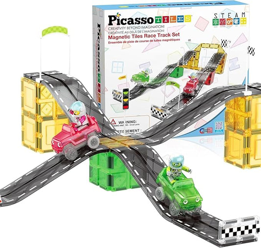 PicassoTiles Magnet Tile Race Car Track Construction Building Block Toy Kit with Character Action Figures and Racing Cars Magnetic Tiles STEM Educational Learning Pretend Play Blocks Kids Age 3+ PTR05