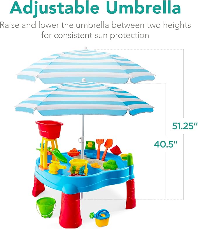 Best Choice Products Kids Sand & Water Outdoor Activity Table, Childs 2-in-1 Play Set w/ 18 Accessories, Adjustable Umbrella, 120 Capacity