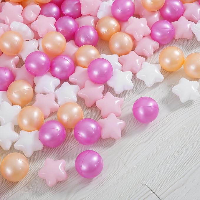 Ball Pit Balls and Stars, 100 200 500 Pieces Plastic Toy Balls for Kids Toddllers Baby Girls Ball Pits, Bounce House, Play Tent, Baby Pool Water Toys,Party Banner Props
