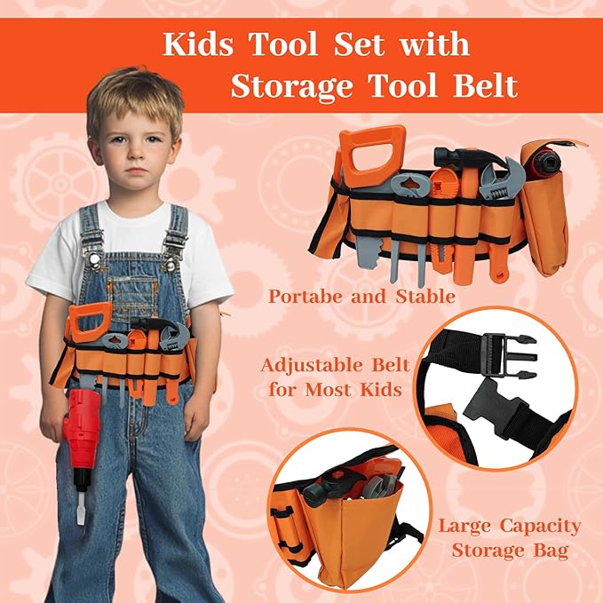 Kids Tool Set 55 PCS Toddler Tool Set with Electronic Toy Drill Pretend Play Construction Toys Kit with Tool Belt Toys Toys for Boys Girls Ages 2 3 4 5 (Orange)