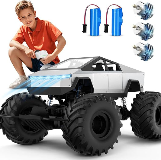 INGQU® 1:8 Big Monster Truck Toys, XXX-Large Alloy 4WD Off Road Remote Control Truck with 3 Powerful Motors LED Headlight, 2.4GHz All Terrain Rock Crawler RC Truck for Boys Kids Age 6 7 8 9 10-12+