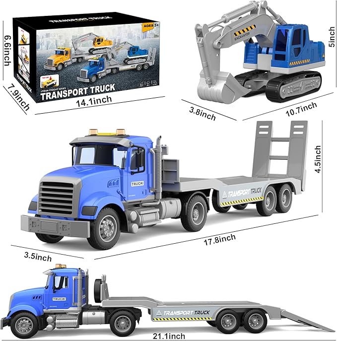 Transports Trucks Kids Toys, 22" Large Semi Truck Toy Carrier and Excavator Truck with Sound&Light,Friction Powered Cars Toys Birthday for Boys Girls 3 4 5 6 7 8