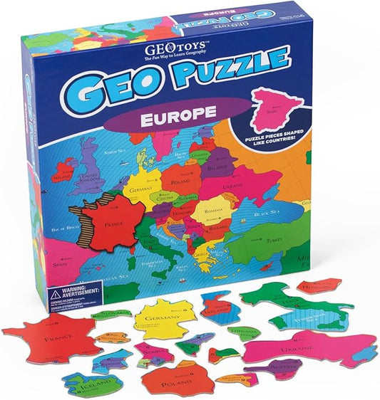 GeoToys GeoPuzzle, Europe Shaped Jigsaw Puzzles, 58 Pc Geography Puzzle, Geography Game & Map Puzzle - Jigsaw Puzzles for Kids Ages 6-9 Years Old