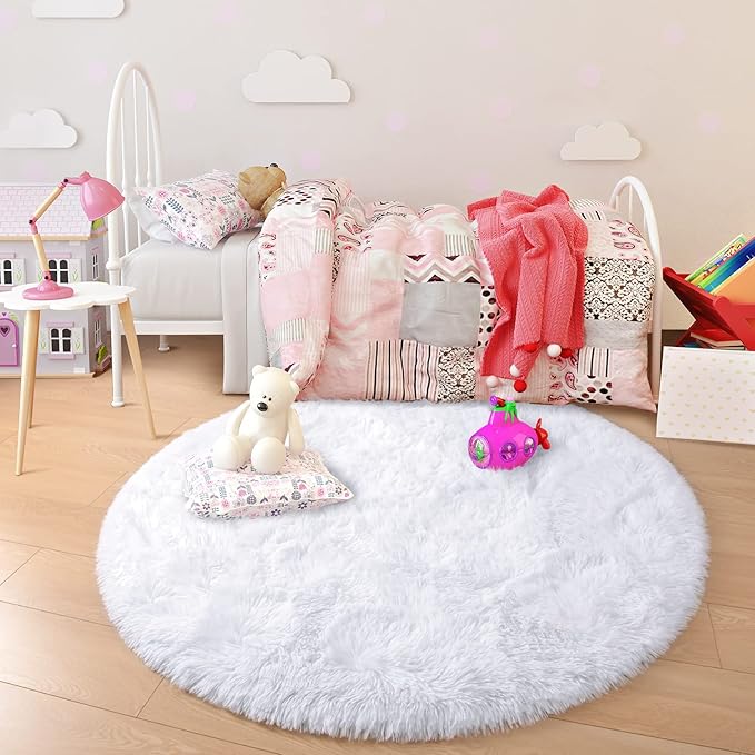 junovo Round Rug 6x6 Feet Fluffy Soft Area Rugs for Kids Girls Room Princess Castle Plush Shaggy Carpet Cute Circle Nursery Rug for Kids Teen's Bedroom Home Decor Large Circular Carpet, White