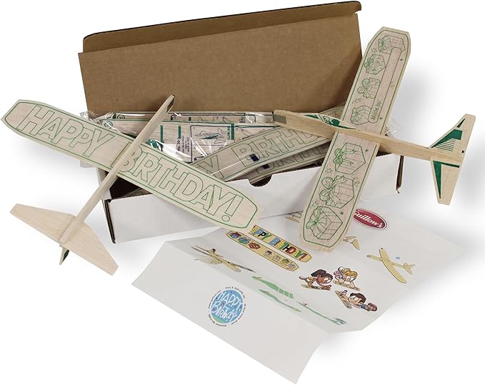 Guillow's 12" Balsa Glider Planes: Happy Birthday - 6 Pack Bundle - Flying Airplane Building Kit, Assemble & Decorate Wooden Gliders, Party Craft Kids Ages 8+
