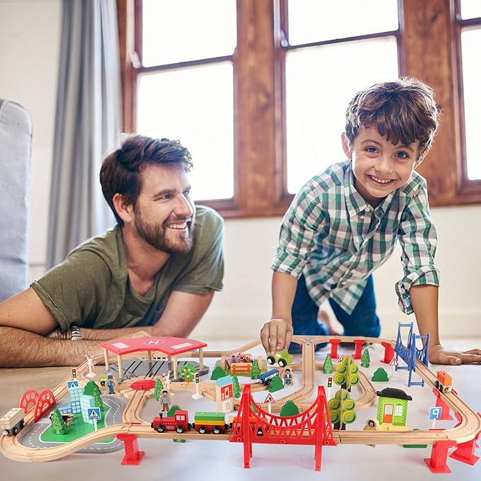 Qilay 140 Pcs Wooden Train Set, Delux Toddler Train Set Railway Kits for Kids, Premium Wood Friendly Building Construction City Train Tracks Toy for 3,4,5 Year Old Boys and Girls