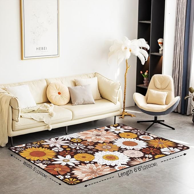 Bohemian Fall Floral Rug 5'x6'6'' Retro Groovy Flower Power Area Rug Boho Eyes Hippie Carpet for Teen Girls Adults Women Garden Sunflower Daisy Vintage Non Slip Decorative Rug for Bedside