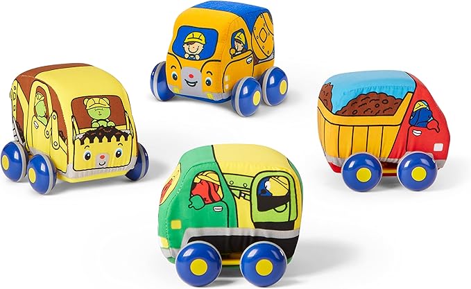 Melissa & Doug Pull-Back Construction Vehicles - Soft Baby Toy Play Set of 4 Vehicles - Cars For Infants, Construction Toys, Pull Back Cars For Babies Ages 9m+