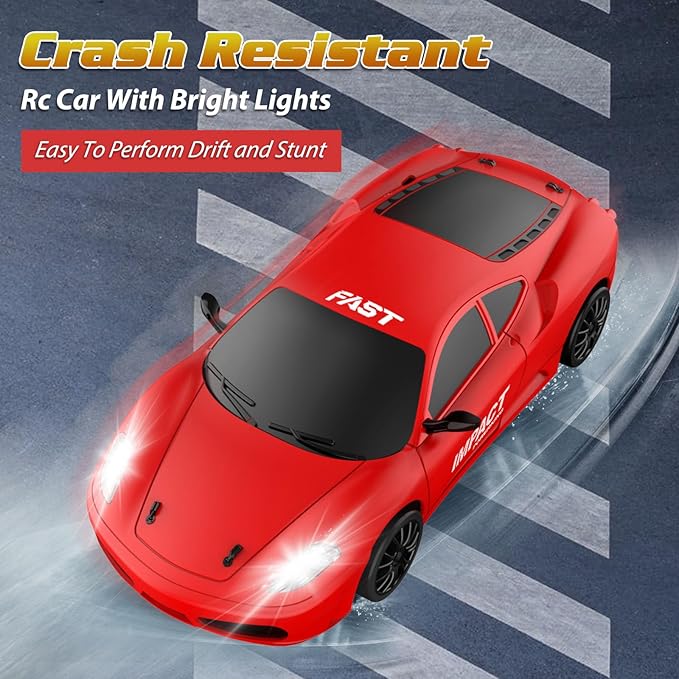 Remote Control Car RC Drift Car 2.4GHz 1:24 Scale 4WD 15KM/H High Speed Model Vehicle with LED Lights Drifting Tire Racing Sport Toy Car for Adults Boys Girls Kids Gift 2Pcs Rechargeable Batteries