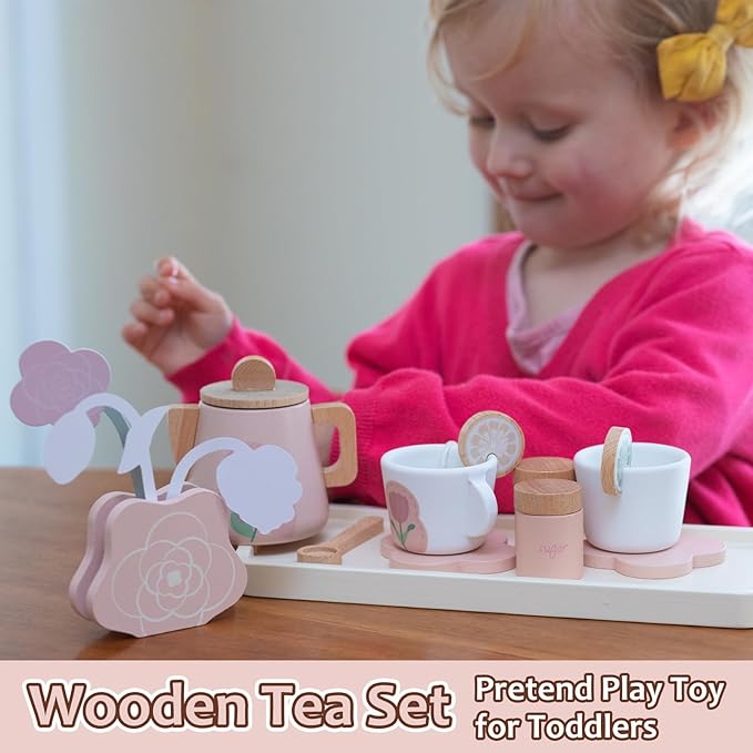 Wooden Tea Set for Little Girls, Pretend Play Tea Party Set Toy with 27 PCS Play Kitchen Accessories, Princess Tea Set Toy, Birthday Gift for Kids 2 3 4 5 Years Old, Improve Imagination