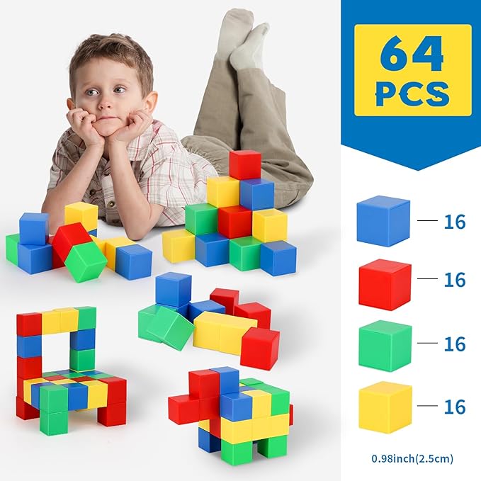 64 PCS Magnetic Blocks for Kids, Learning Magnet Cubes Building Toys for Toddlers, STEM Educational Sensory Montessori Square Toy for Boys and Girls