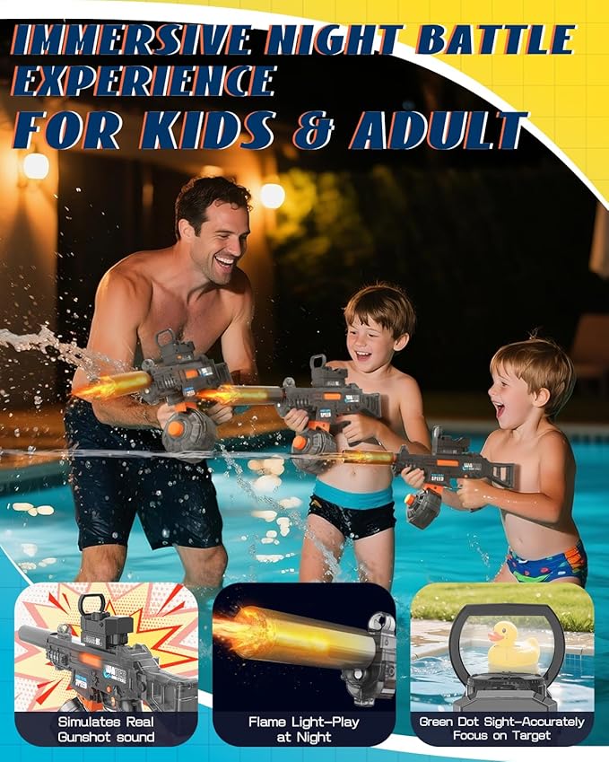 Electric Water Gun for Kids & Adults - Automatic Squirt Gun with up to 32FT Range, Built-in LED Lights & 350mL Leakproof Tank, Rechargeable Summer Pool Beach Outdoor Water Toys for Ages 3+