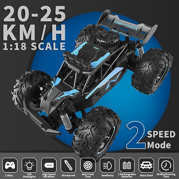 Remote Control Car, 2.4GHz 20-25KM/H Variable Speed Turbo 2-Speed Acceleration High Speed RC Car, 1:16 Off-Road Monster Truck with LED Lights and 1800mAh Rechargeable Battery – Ideal Gift for Boys 6