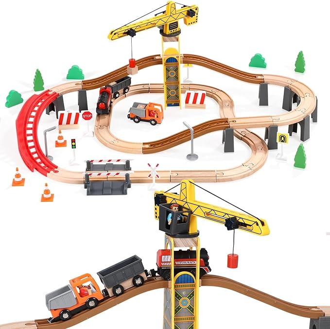 Giant bean 72PCS Tower Crane Wooden Train Set, Battery Operated Electric Train Track for Boys and Girls 3-7, Christmas Birthday Toy Gift