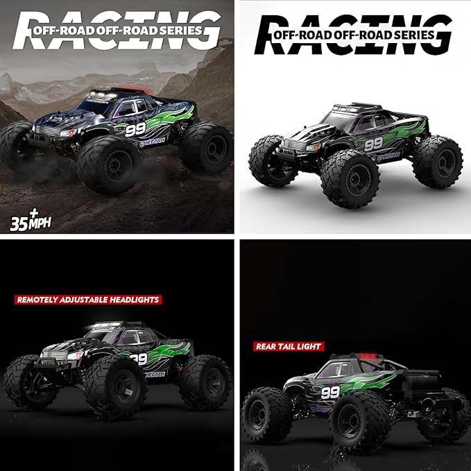 1:10 Large Brush RC Car for Adults, Fast Remote Control Car, 28+ MPH Rc Hobby Truck with Headlights, All Terrain 2.4 Ghz Electric Hobby Rc Cars, 4WD Off Road Monster Truck for Adults-Green