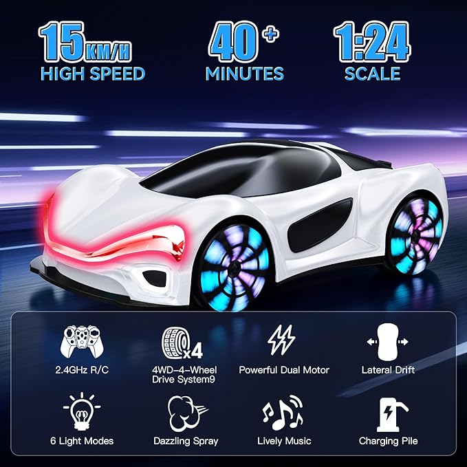 Remote Control Car,RC Drift Car Boys Toys for 4 5 6 7 8 9 10 11 12 Year Old 2.4GHz 360° Rotate RC Cars with Cool Lights, Music & Spray Effects Cool Birthday Presents Gifts for Kids & Boys 4-12
