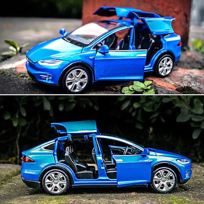 1:32 Scale Model X Alloy Car Diecast Vehicle with Lights and Music, Pull Back Toy for Kids, Mini Vehicles Gift, Children's Birthday Gift (Model X - Blue)