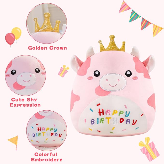 SQEQE Cow Stuffed Animal Soft Cow Stuffed Toy Birthday Party Decoration Gift Kawaii Pink Cow Plushie with Golden Crown for Kids Girls Boys(Pink Cow,10 Inch)