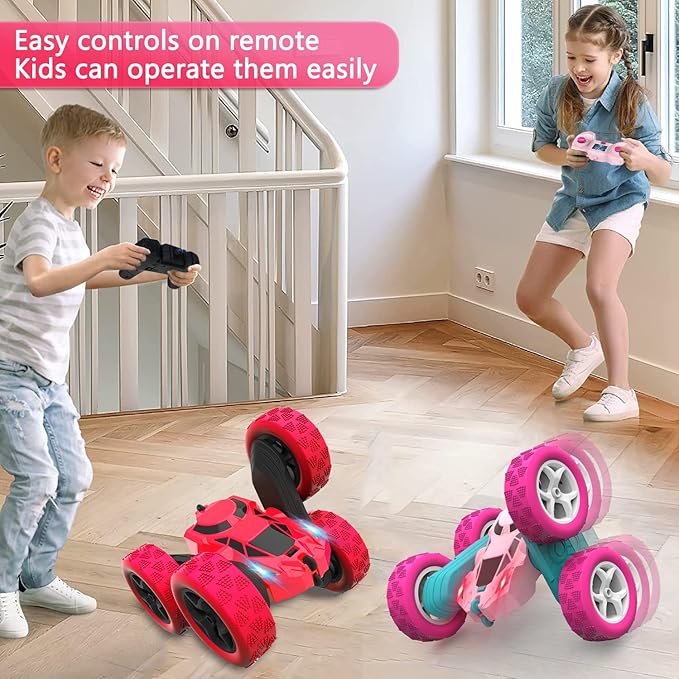 Remote Control Car for Boys - Car Toy for Kids Age 6 7 8 9, 4WD 2.4Ghz Double Sided 360° Rotating RC Cars with Headlights, Christmas Birthday for Boys and Girls - Red