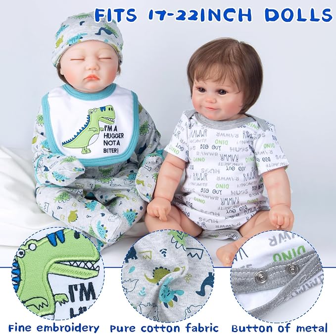 PEDOLLTREE 12 Pcs Set Reborn Baby Dolls Clothes Outfit Accessories Blue Dinosaur Set for 17-22 Inch Reborn Doll Newborn Boy with Monster Backpack Diaper