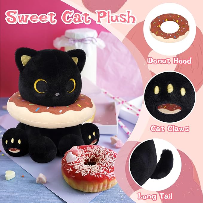 Black Cat Plush, 8inch Donut Black Cat Stuffed Animal Cute Plushies Toys for Girls Kids Boys, Kawaii Kitten Plushie for Kids Adult Birthday Gift