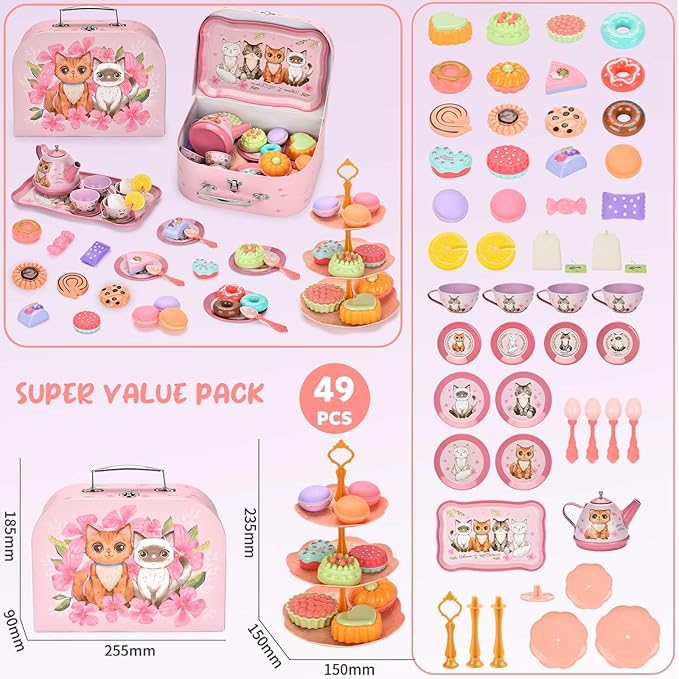 Cat Tea Party Set for Little Girls - Pretend Play Toy, Birthday Gift for Toddlers Ages 3 4 5 6 Year Old, Includes Kitten Tin Tea Set, Desserts, and Carrying Case, Cat Design