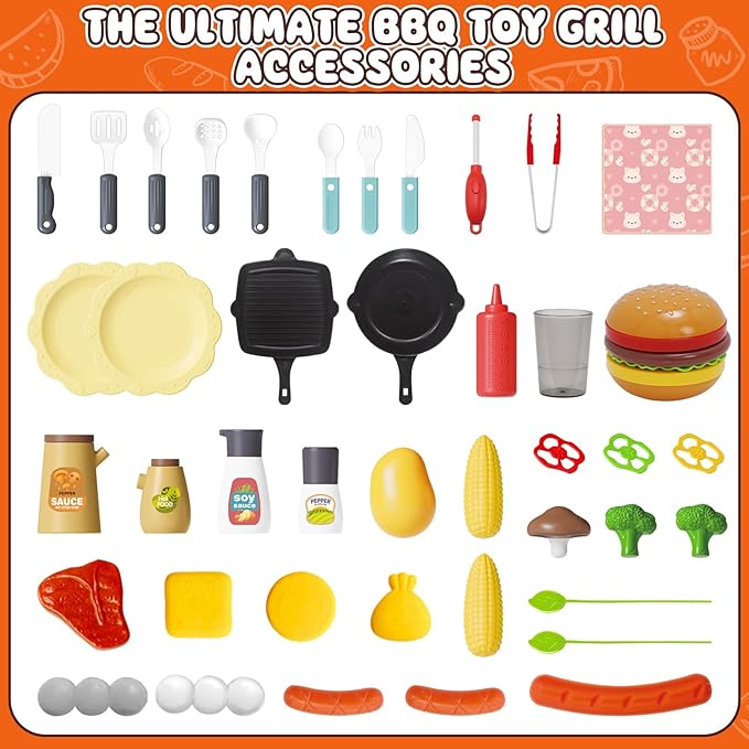 2025 Kids Play Kitchen Toy Grill BBQ Kitchen Playset Outdoor Toy with Smoke Light Outside Pretend Play Food Toys Cooking Set 2-Layer Barbecue Gifts for Toddler Boys Girls 3-5 6 7 8
