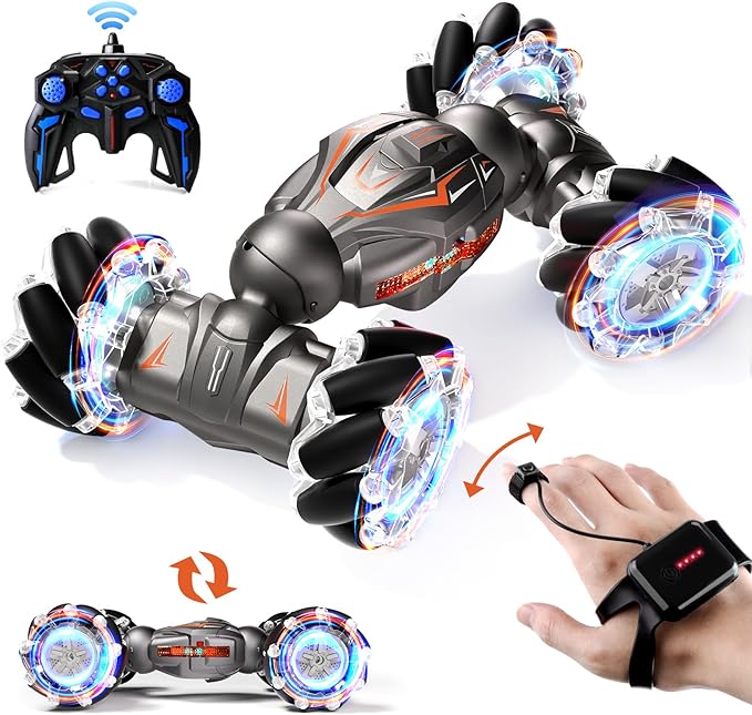 Deejoy 1:12 RC Stunt Car, 2.4GHz 4WD Remote Control Gesture Sensor Toy Cars, Double Sided Rotating Off Road Vehicle 360° Flips with Lights Music, for Boys & Girls Birthday（Black Silver）